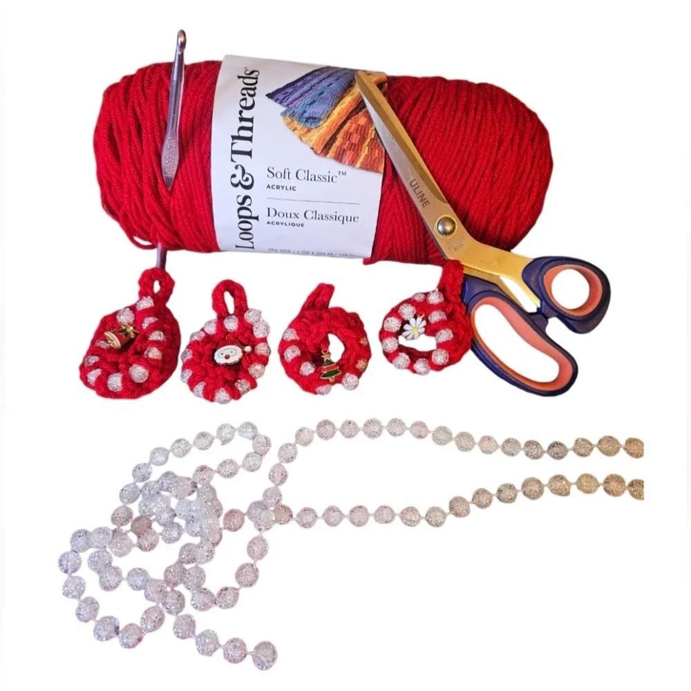 Hand Crafted Hand Crochet Christmas ornaments red beaded 8 mini holiday wreaths